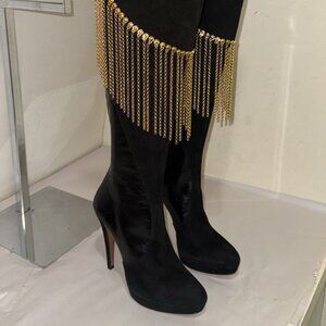 36/6❤️ITALY Francesco Sacco Leather Over Knee High Heels Tall Gold Chain Boots